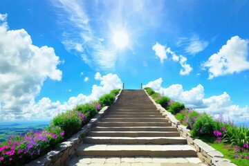Fototapeta na wymiar a stairway leading up into a bright blue sky, dream heavenly clouds, generative ai