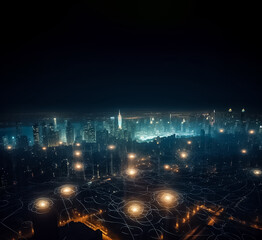 Obraz na płótnie Canvas A mesmerizing aerial view of a futuristic cyborg city at night, with a stunning display of bright lights and high-tech architecture that will transport to a new realm of imagination. generative AI.