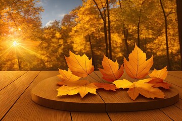 Naklejka na ściany i meble Wooden table surface at autumn fall forest. Beautiful sunny autumn day. Perfect seasonal display template, generative ai