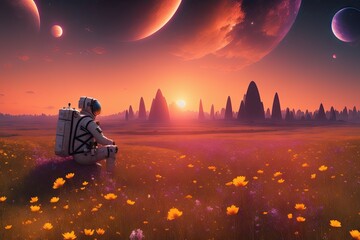 a lonely astronaut sitting in a field of flowers, generative ai art - obrazy, fototapety, plakaty