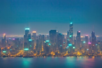 Obraz premium Smart city and abstract dot point connect with aesthetic Intricate wave line design, big data generative ai