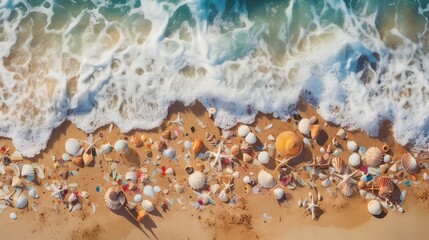 Fototapeta na wymiar Top view of a sandy beach with seashells and waves, generative ai