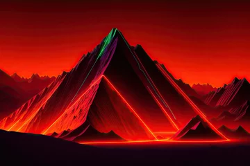 Poster a mountain range, dark night and electric orange glow colors, retrofuturistic retrowave style, generative ai © Aleksandr