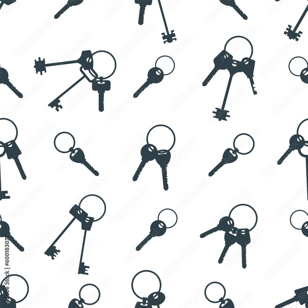 Poster seamless pattern with black keys silhouettes in varying sizes and designs, arranged in a repeating b