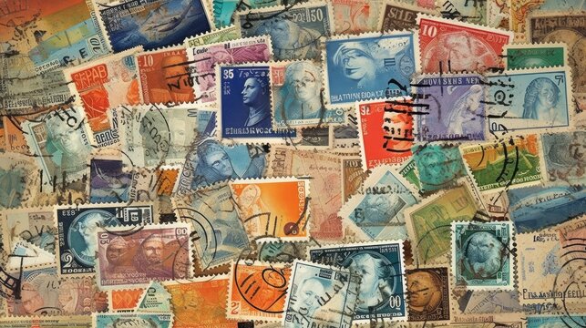 Vintage postage stamps arranged in a creative collage, generative ai