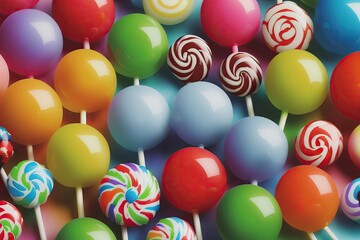 a painting of a variety of candies and lollipops on table, generative ai