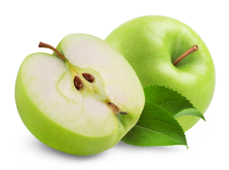 Apple isolated. Ripe green apple and half of an apple on a white background.