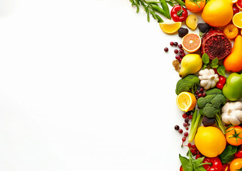 Healthy fruits and herbs decoration setting on white  background and copy space for text. Generative AI - 600183474