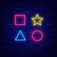 Joystick neon symbols set. Game design signs collection. Star, square, triangle and circle. Vector stock illustration