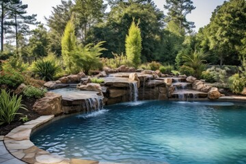 Fototapeta na wymiar Backyard pool oasis waterfall, featuring lush landscaping, a waterfall, and a slide, creating a serene and refreshing escape from the summer heat - Generative AI