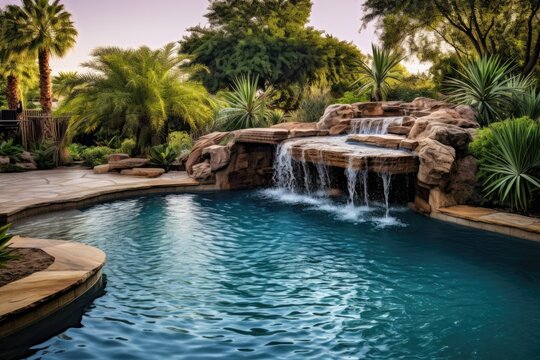 Backyard pool oasis waterfall, featuring lush landscaping, a waterfall, and a slide, creating a serene and refreshing escape from the summer heat - Generative AI © Hanjin