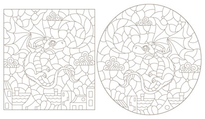 A set of contour illustrations in the style of stained glass with cute cartoon dragons, dark contours on a white background