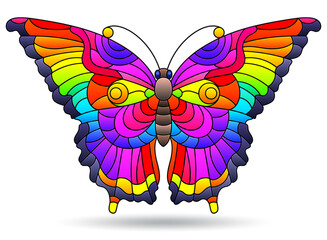 Illustrations in a stained glass style with bright butterflie, insect isolated on a white background