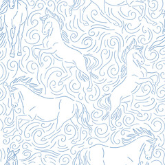 Blue ink wild horse vector seamless pattern. Animalistic elegant background. Linear sketchy style backdrop.