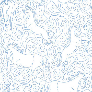 Blue ink wild horse vector seamless pattern. Animalistic elegant background. Linear sketchy style backdrop.