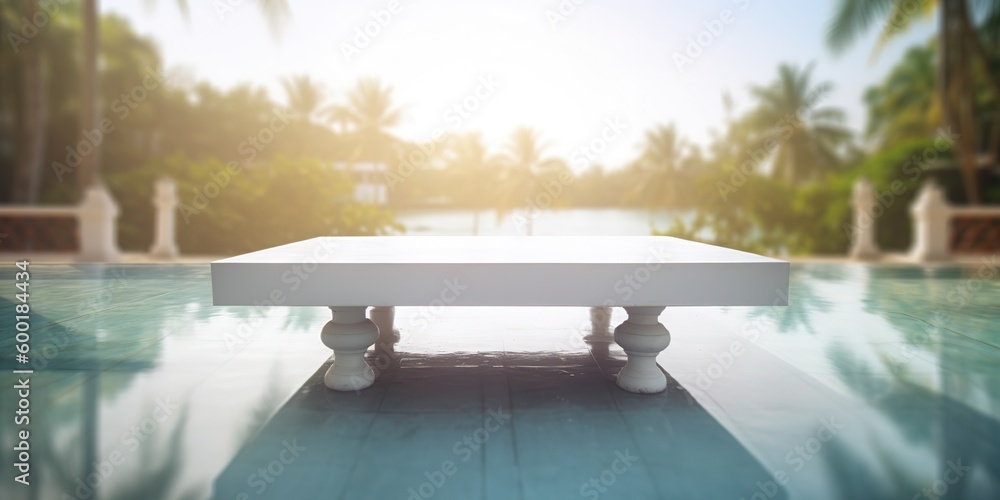 Poster a pool with a table in the middle of it, covered with white generative ai