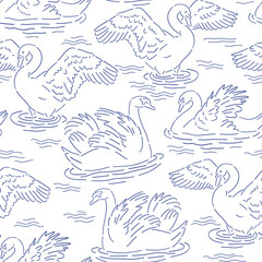 Fototapeta premium Hand drawn swan on lake vector seamless pattern. Blue ink linear sketch bird background. Romantic surface design for wedding design, textile, fashion, card making