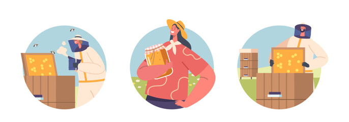 Isolated Round Icons Or Avatars With Apiarist Male And Female Characters Holding Frames And Glass Jar With Fresh Honey