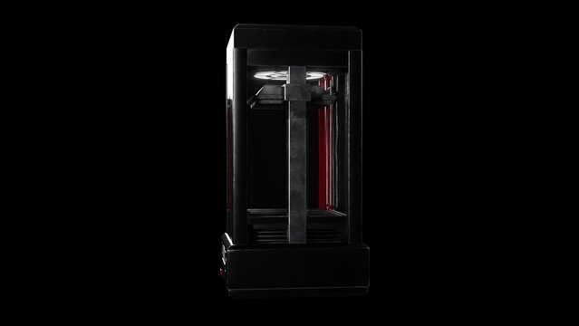 High-quality 3D printer concept design turns in a 3D-rendered loop on a black background, with a luma matte part at the end.