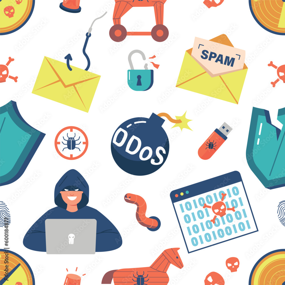 Poster seamless cyber attack pattern consists of symbols representing digital security breaches and hacking