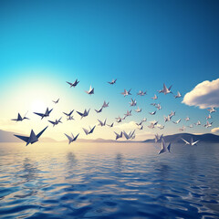 flock of origami birds flying above the sea and blue sky, during sunset sunrise period, Generative AI