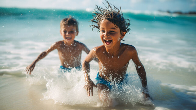 summer holiday with children boy and girl having fun playing in the sea create fun and happy scene for your summer holiday themes concept for your design projects