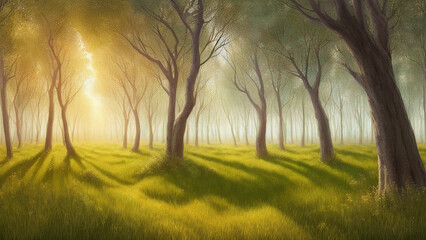 Obraz na płótnie Canvas Trees forest on the green grassy meadow, painting, Generative AI illustrations