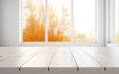 Weißer Holztisch in einer Küche mit Blick auf das Fenster, herbstliche Bäumen im verschwommenen Hintergrund, helles Tageslicht, Platz für Warenpräsentation oder Text, Generative AI