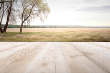 Helle Holztischplatte mit verschwommenem, ländlichen Hintergrund, Platz für Warenpräsentation oder Text, Generative AI