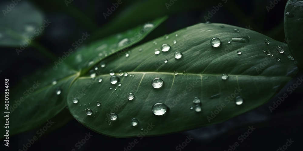 Poster a single leaf that is green and has water droplets on it generative ai