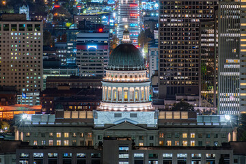 Utah State Capitol night view illuminated with lights at night after sunset, in Salt Lake City, mountain view	
