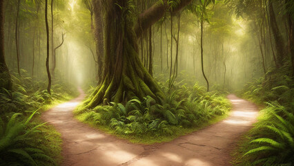 Hiking Walking Path Through the Rainforest, painting, Generative AI illustrations