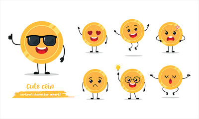 cute coin cartoon with many expressions. money different activity vector illustration flat design.