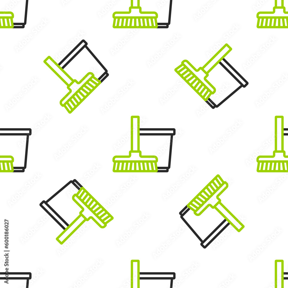 Poster line mop and bucket icon isolated seamless pattern on white background. cleaning service concept. ve