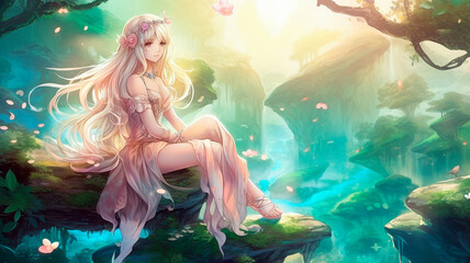 Anime elf female character on the background of forest river. High quality Generative AI