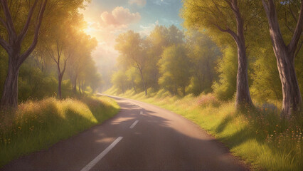 Obraz premium The old overgrown rustic road in the sunny meadow, painting, Generative AI illustrations