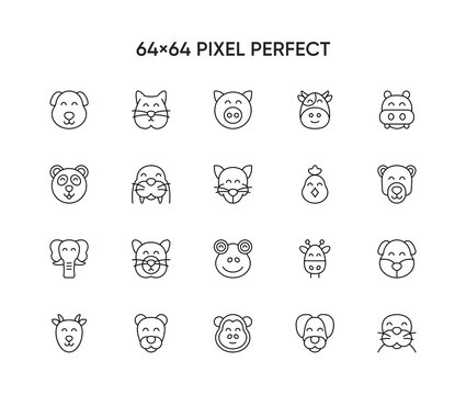 Cute animal face included farm, forest and African animals, outline design icons
