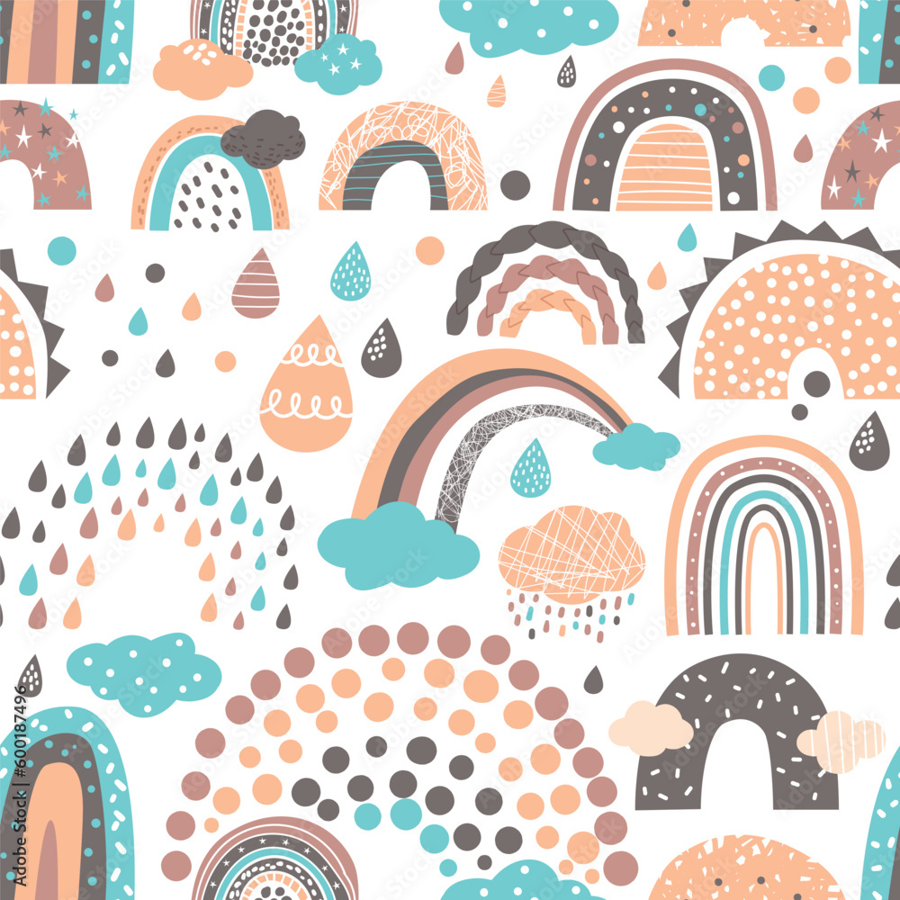 Poster seamless pattern featuring rainbows in various sizes and muted colors of cute naive scandinavian sty