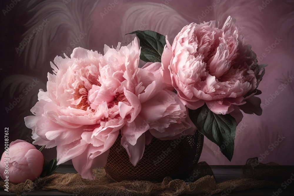 Poster two rosy peonies placed in a vase and displayed on a table. generative ai