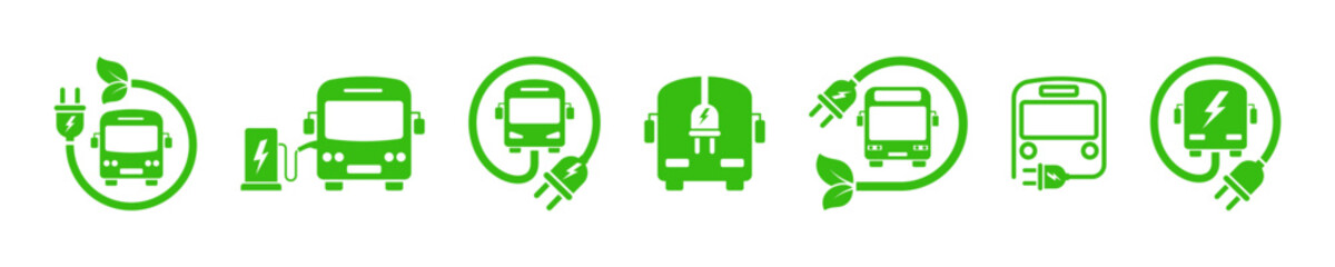 Set of green electric bus with plug. Electric city bus charger place. Recharger battery station for bus. Friendly alternative energy. © Міша Герба