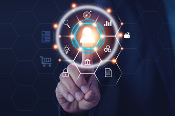 Customer target ,Businesspeople touching on screen to target customer. Target customer, buyer persona, customer behavior concept. Marketing plan and strategies. Personalization marketing