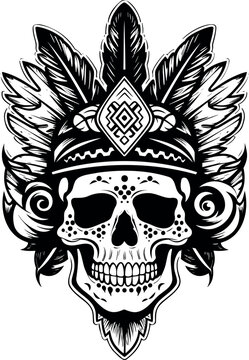 tribal skull skull icon in black and white