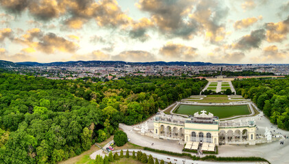Schonbrunn Palace aerial panoramic view in Vienna, Austria. Schloss Schoenbrunn is an imperial...