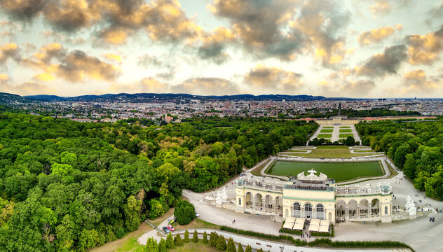 Schonbrunn Palace aerial panoramic view in Vienna, Austria. Schloss Schoenbrunn is an imperial summer residence