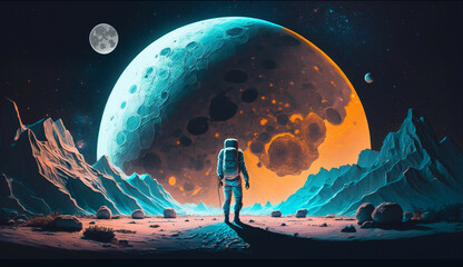Astronaut on a planet next to Moon