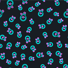 Line Bottle with love potion icon isolated seamless pattern on black background. Happy Valentines day. Vector