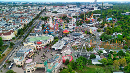 Obraz premium Aerial view of Prater amusement park and Vienna cityscape, Austria