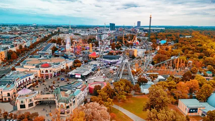 Poster Aerial view of Prater amusement park and Vienna cityscape, Austria © jovannig