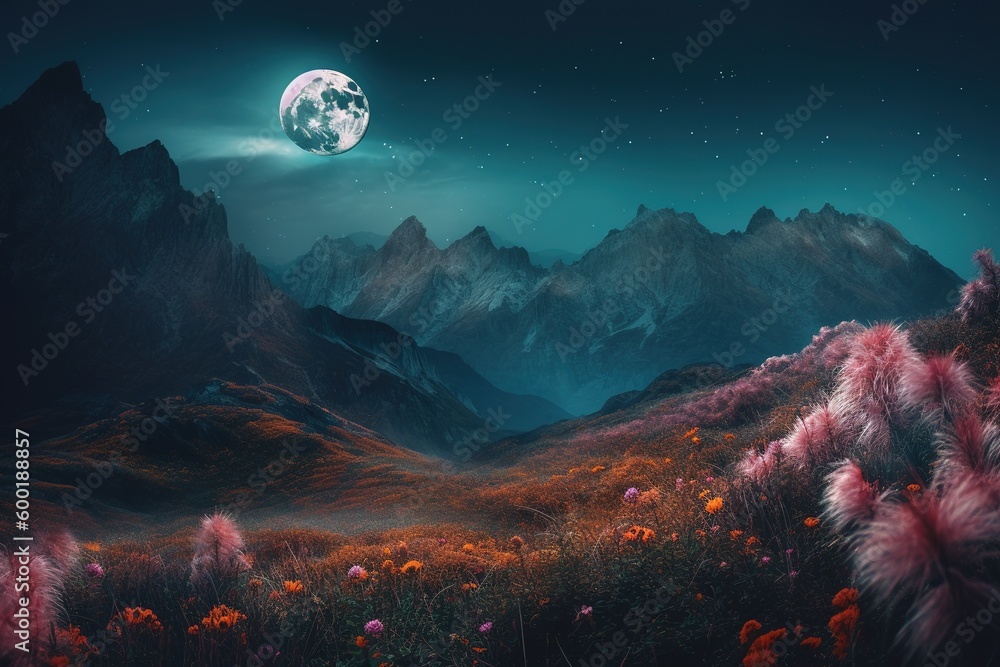 Poster a picture of a nighttime view with the moon at its full phase in the sky generative ai