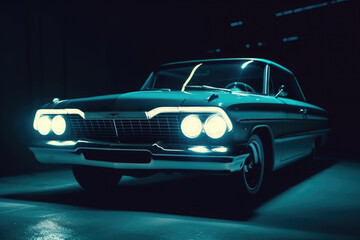 Fototapeta na wymiar Classic retro car at night with glowing headlamps. American vintage vehicle with colorful illumination on dark background. Created with Generative AI